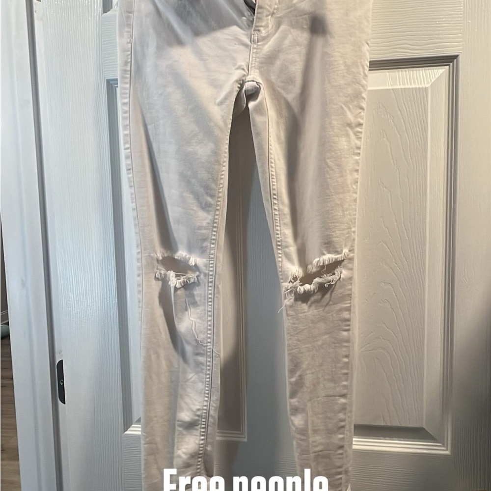 Free People Cream Distressed Skinny Jeans